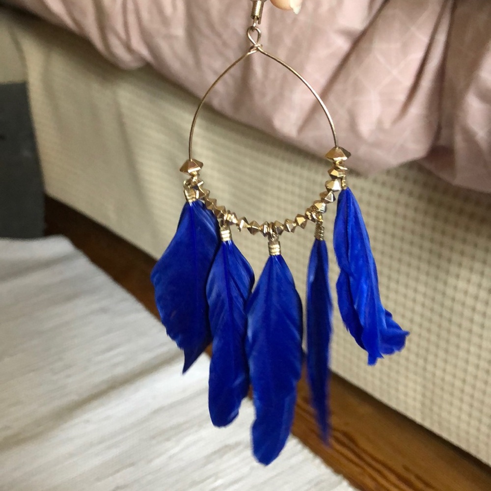 Royal Blue & Gold Feather Hoop Earrings